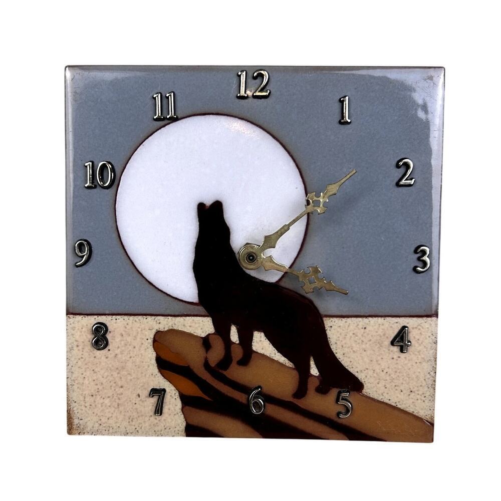 Vintage Howling Coyote Wolf Wall Clock Ceramic Porcelain Tile Art NEEDS REPAIRS